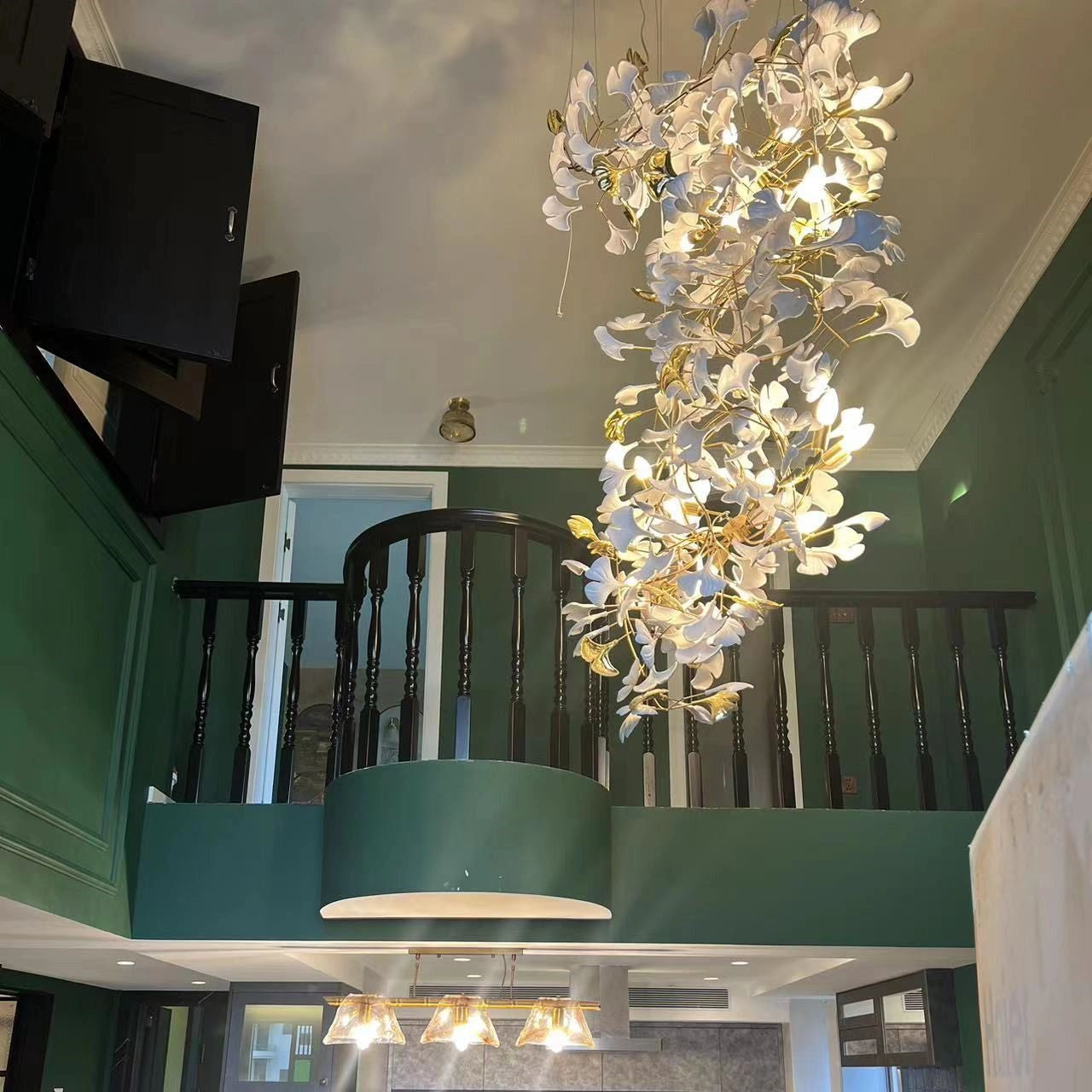 Artistic Tree Branch Pendant Light with Ceramic Ginkgo Leaves for High Ceilings in Hotel or Home - Riviko
