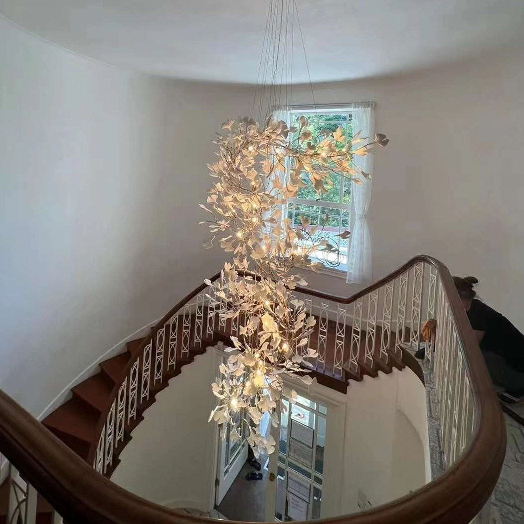 Artistic Tree Branch Pendant Light with Ceramic Ginkgo Leaves for High Ceilings in Hotel or Home - Riviko