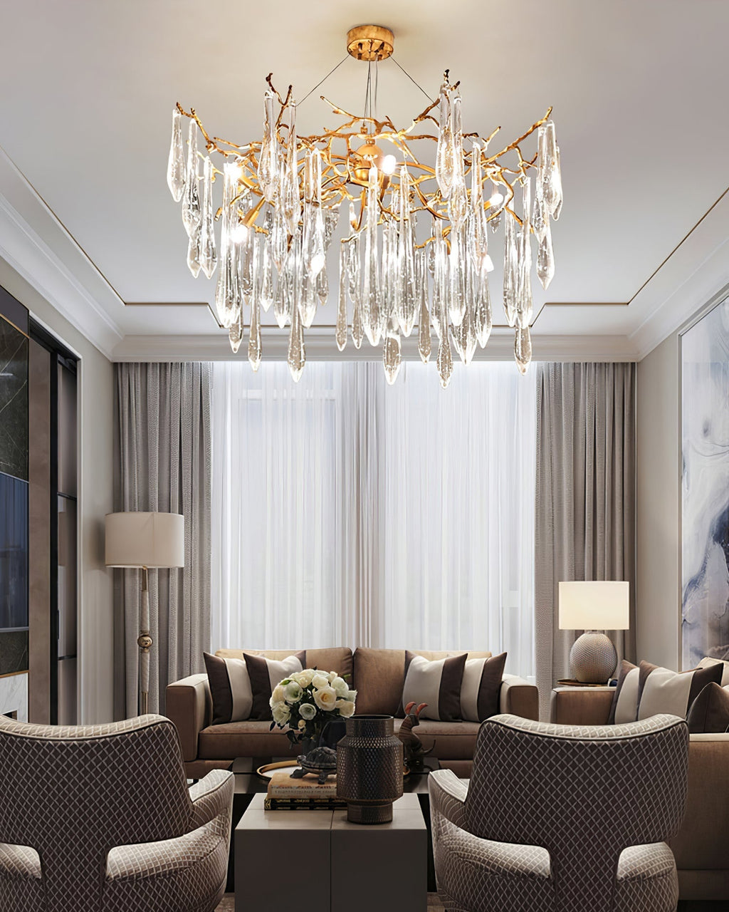 Icicle Branch Brass Crystal Chandelier