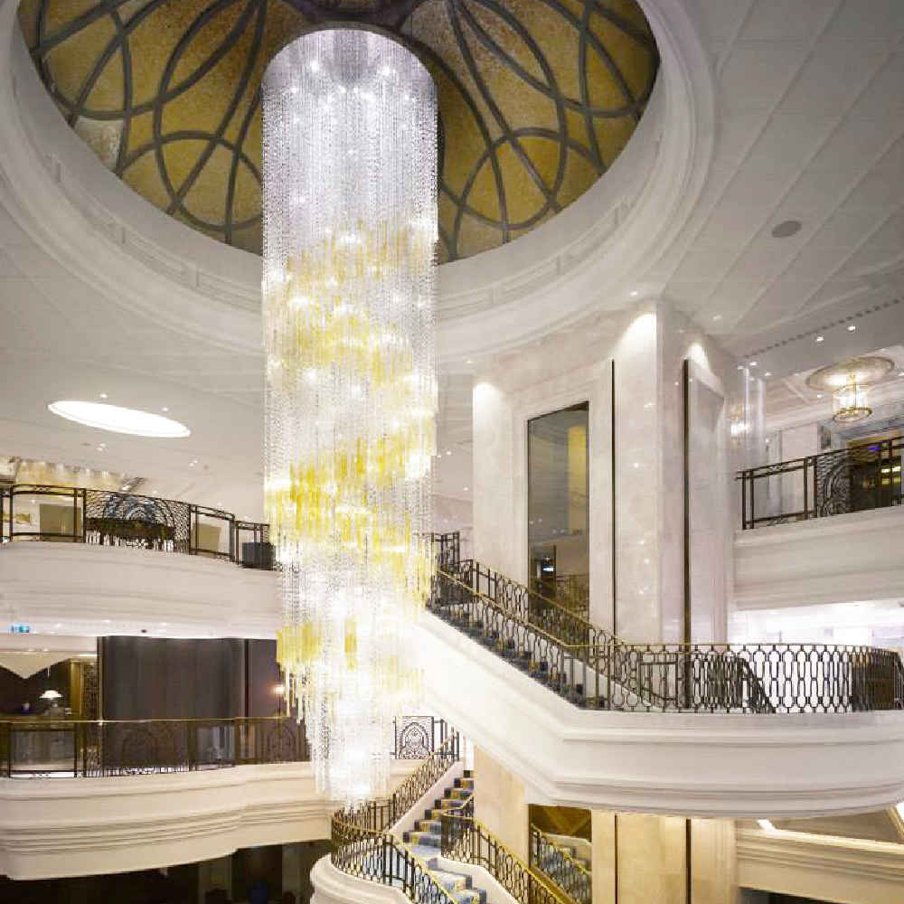 Long spiral crystal chandelier for hotel lobby