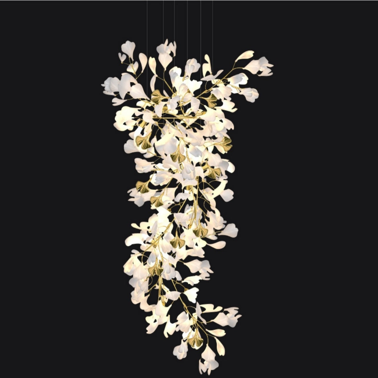Artistic Tree Branch Pendant Light with Ceramic Ginkgo Leaves for High Ceilings in Hotel or Home - Riviko