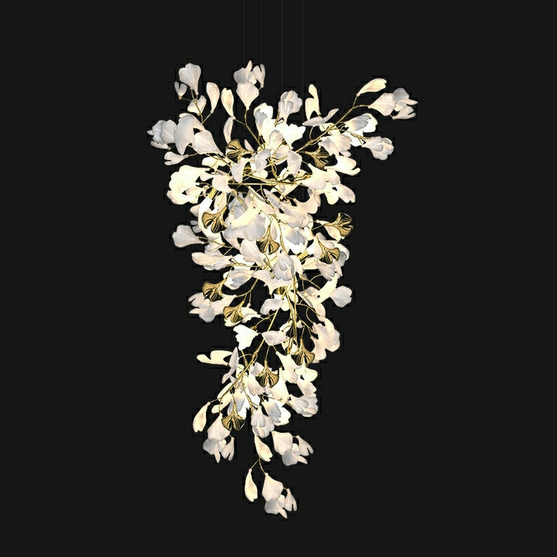 Artistic Tree Branch Pendant Light with Ceramic Ginkgo Leaves for High Ceilings in Hotel or Home - Riviko