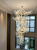 Artistic Tree Branch Pendant Light with Ceramic Ginkgo Leaves for High Ceilings in Hotel or Home - Riviko