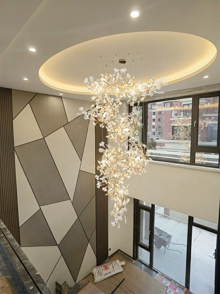 Artistic Tree Branch Pendant Light with Ceramic Ginkgo Leaves for High Ceilings in Hotel or Home - Riviko