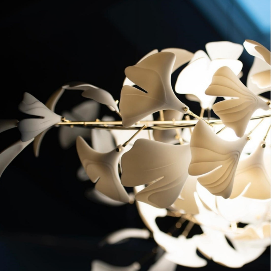 Artistic Tree Branch Pendant Light with Ceramic Ginkgo Leaves for High Ceilings in Hotel or Home - Riviko