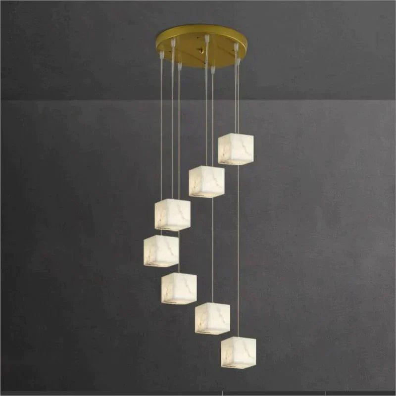 Olive Alabaster Cubic Round Pendant For Dining Table, Staircase Chandeliers Riviko 7-Light