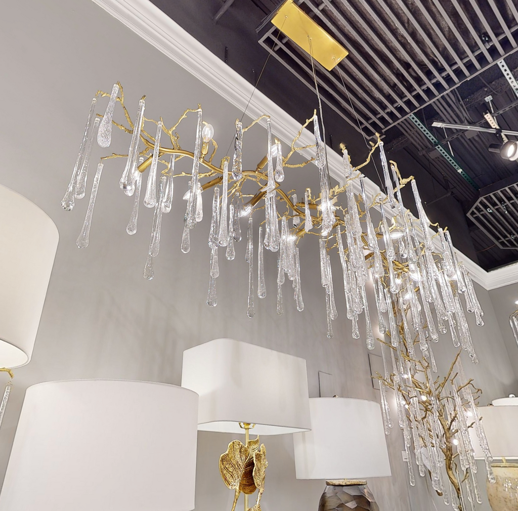 Teardrop Crystal Chandelier with Brass Branches 84" W - Riviko