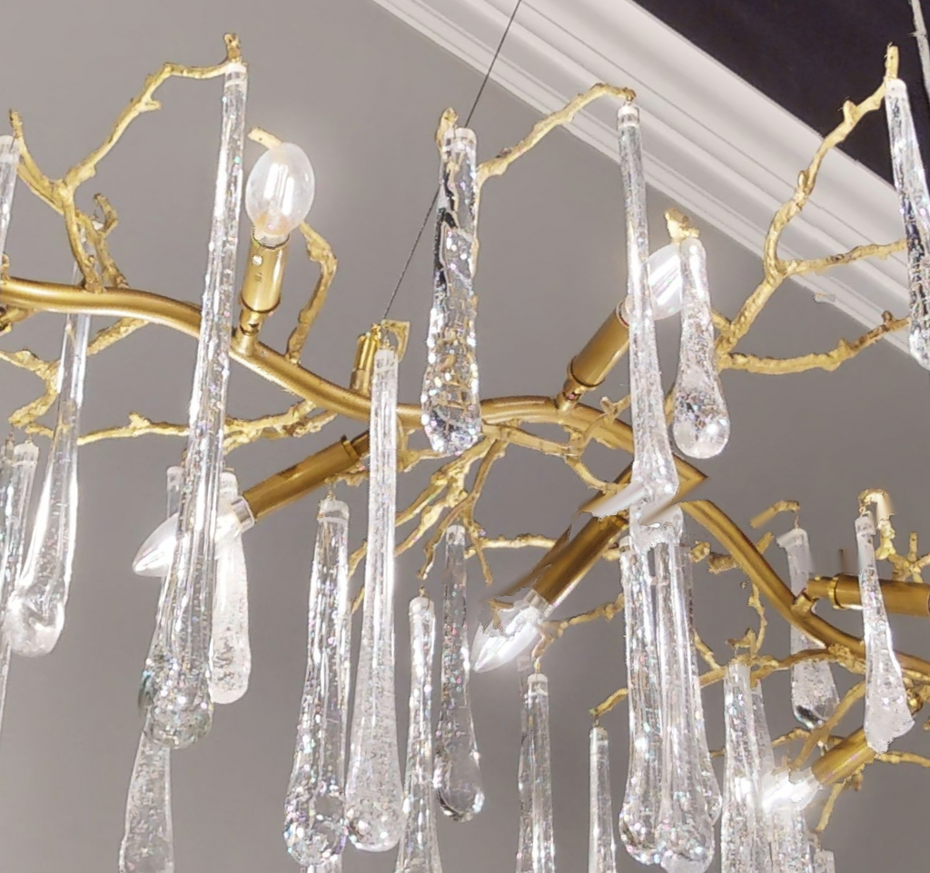 Teardrop Crystal Chandelier with Brass Branches 84" W - Riviko