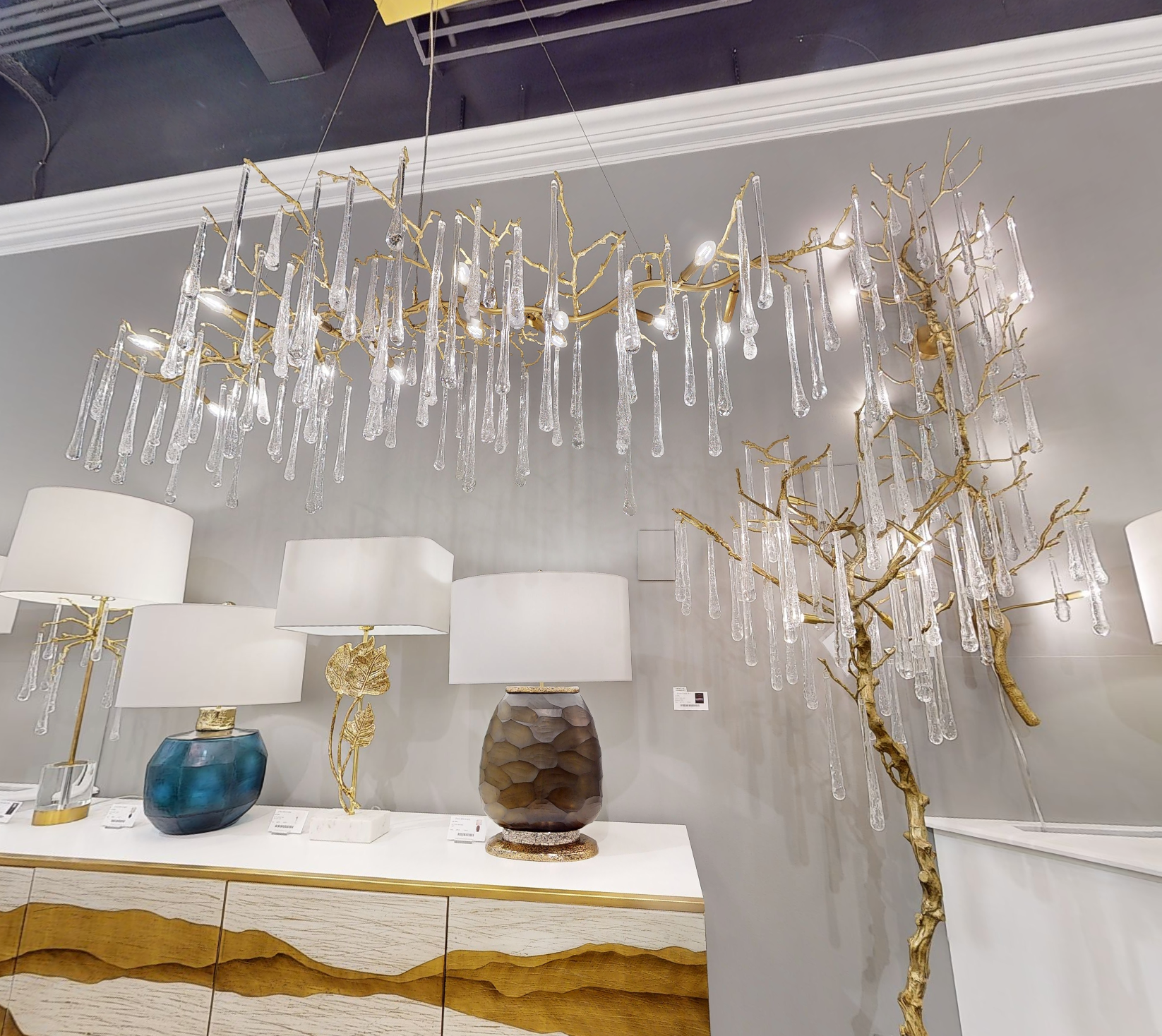 Teardrop Crystal Chandelier with Brass Branches 84" W - Riviko
