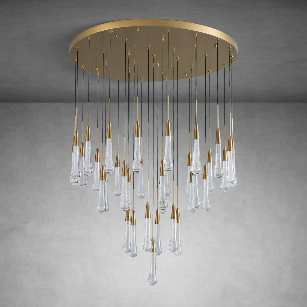 34-Light Gold Chandeliers for High Ceilings, Large Raine Chandelier for Foyer, Entryway, Staircase, Luxury Long Big Hanging Light Fixtures with Glass, Brass Pendant Light Fixtures Living Room