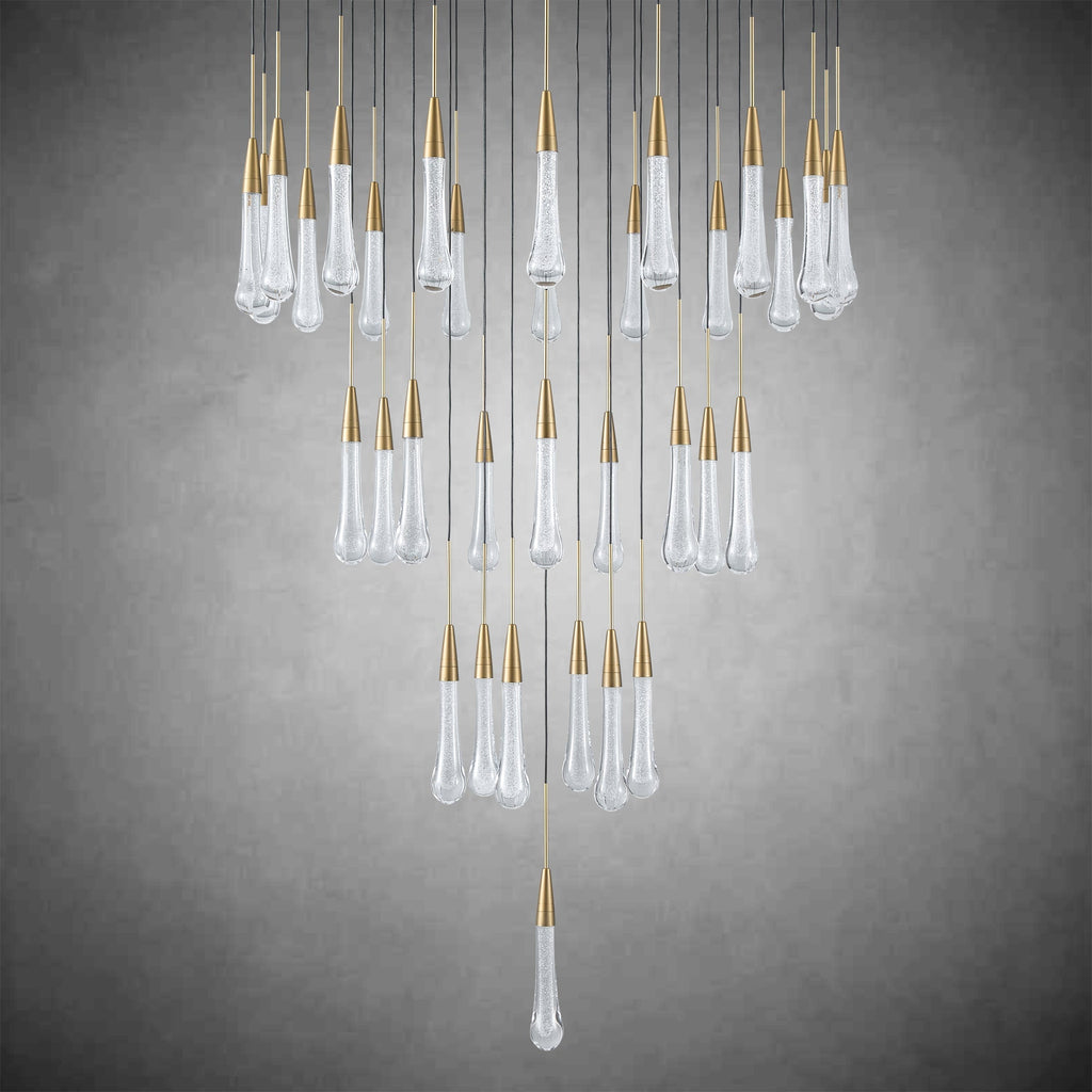 34-Light Gold Chandeliers for High Ceilings, Large Raine Chandelier for Foyer, Entryway, Staircase, Luxury Long Big Hanging Light Fixtures with Glass, Brass Pendant Light Fixtures Living Room