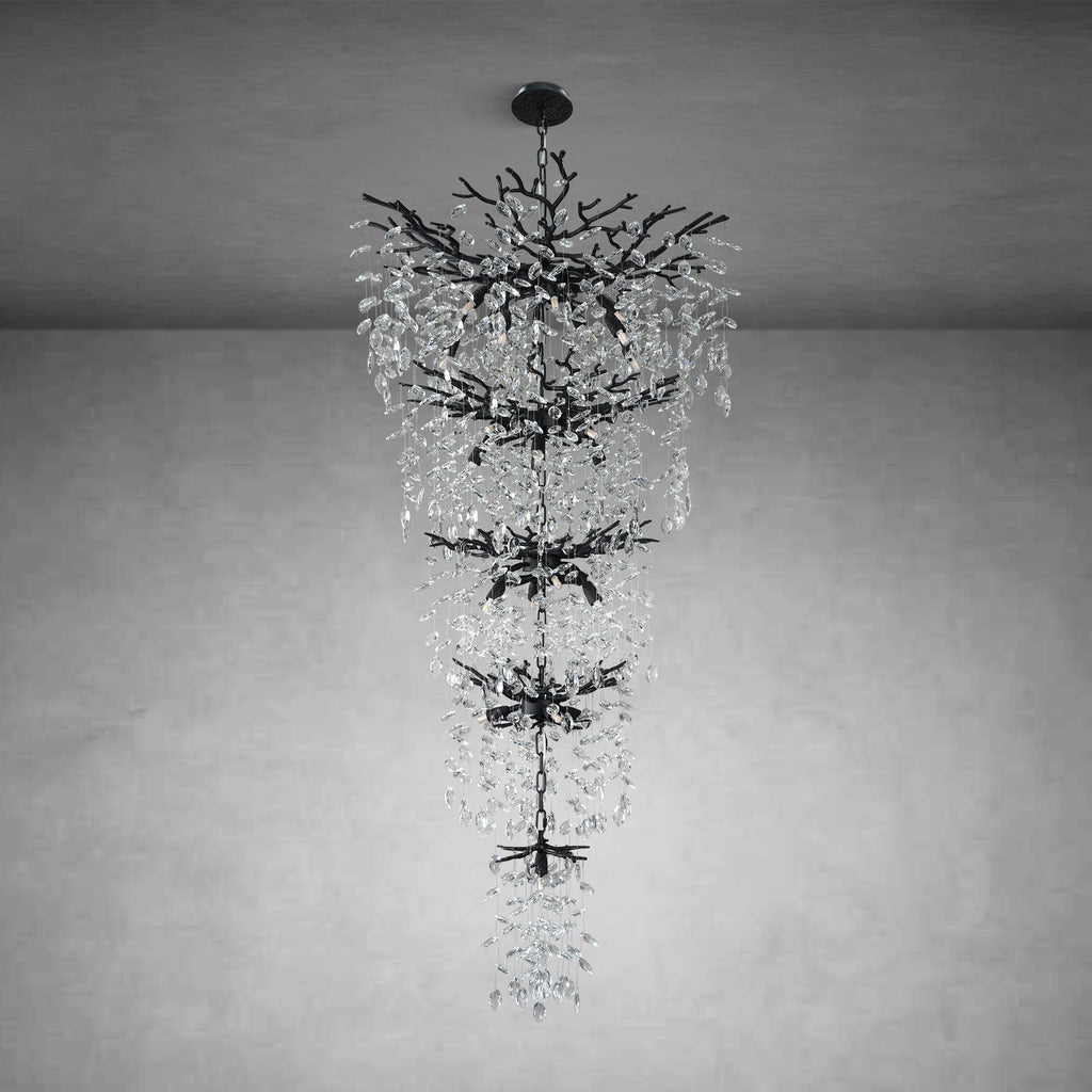 63" Long Crystal Chandelier for High Ceiling, 28-Light Black Tree Branch Chandelier, Modern Large Chandeliers for Staircase, Foyer, Entryway, Living Room, 5-Tier Luxury K9 Raine Light Fixture