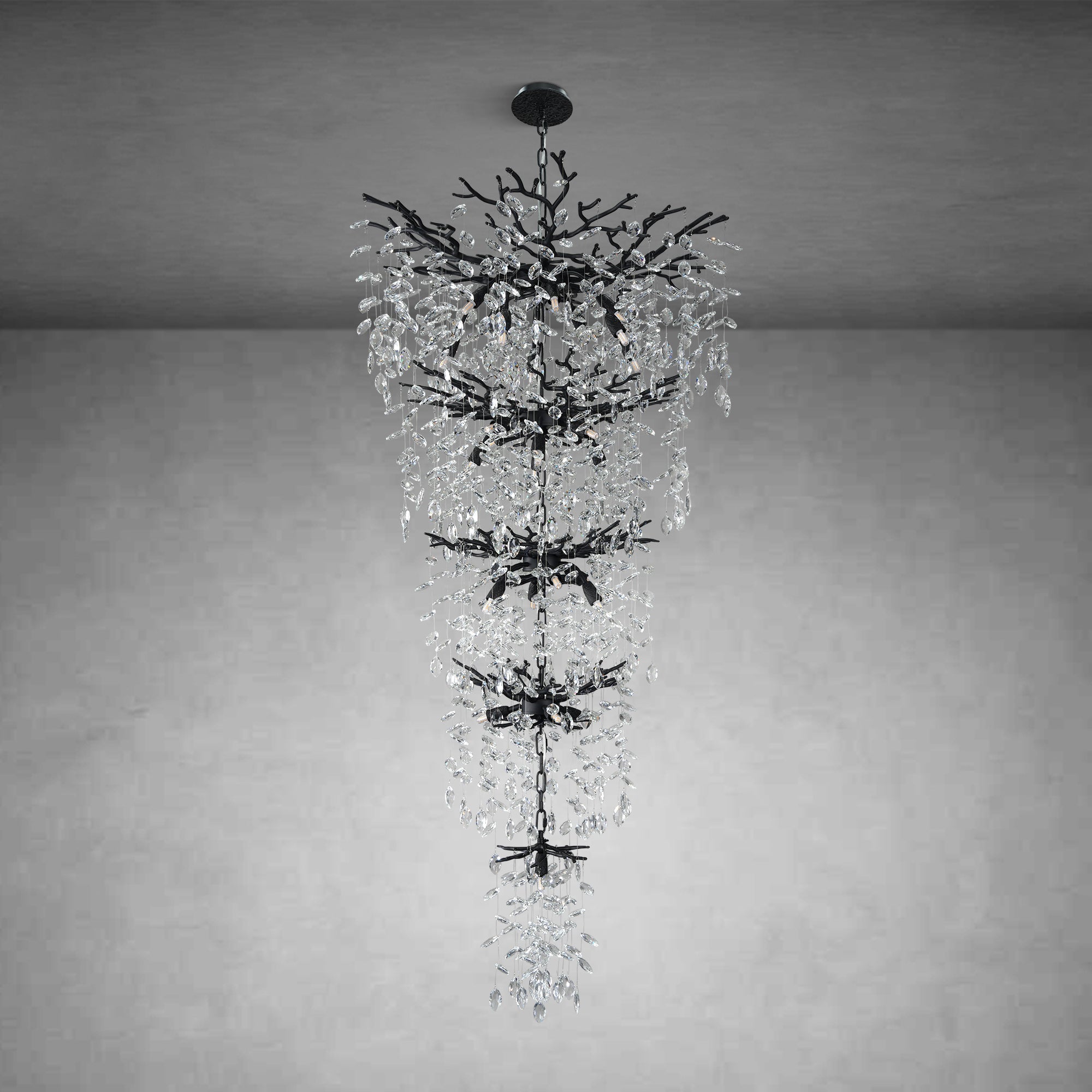 63" Long Crystal Chandelier for High Ceiling, 28-Light Black Tree Branch Chandelier, Modern Large Chandeliers for Staircase, Foyer, Entryway, Living Room, 5-Tier Luxury K9 Raine Light Fixture