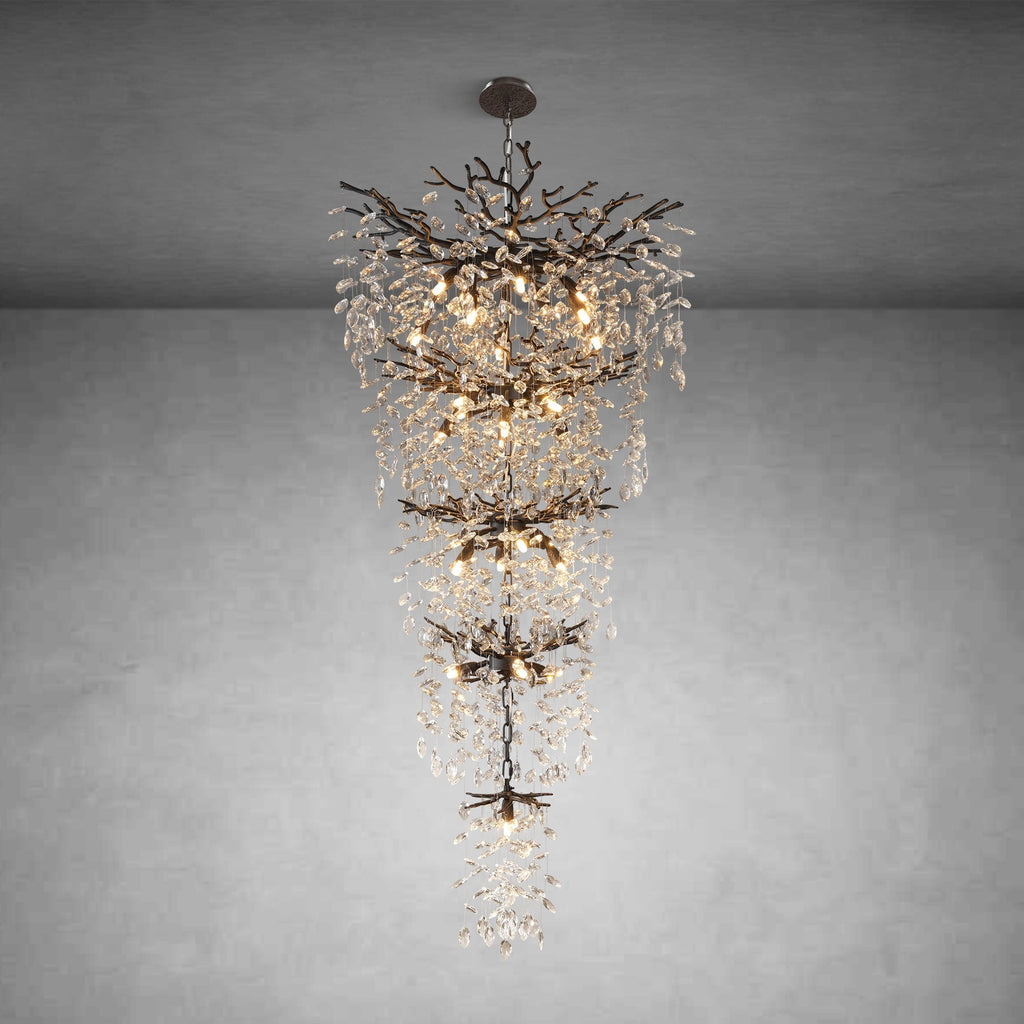 63" Long Crystal Chandelier for High Ceiling, 28-Light Black Tree Branch Chandelier, Modern Large Chandeliers for Staircase, Foyer, Entryway, Living Room, 5-Tier Luxury K9 Raine Light Fixture