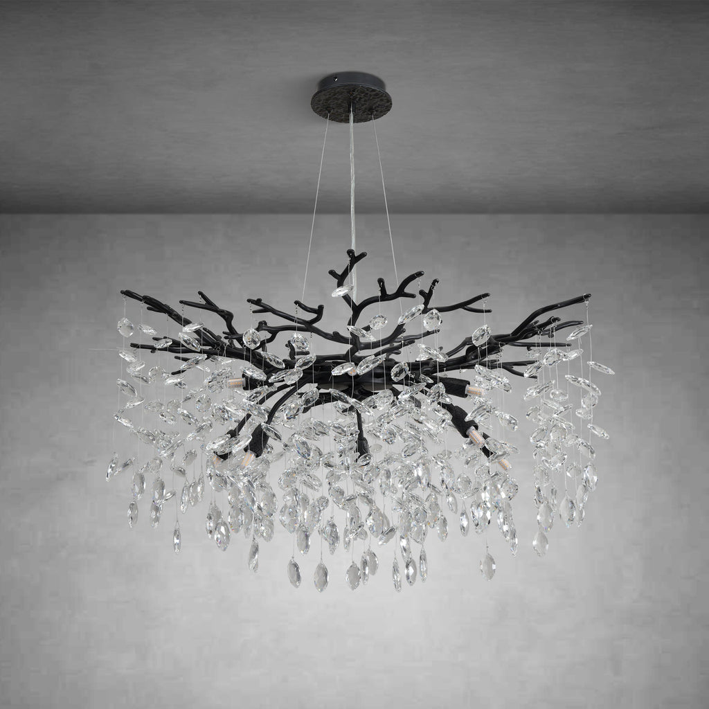 30" Black Crystal Chandelier, 10-Light Tree Branch Chandelier for Dining Room, Luxury Round K9 Crystal Raine Chandeliers Light Fixture for Living Room Foyer Entryway Bedroom Kitchen