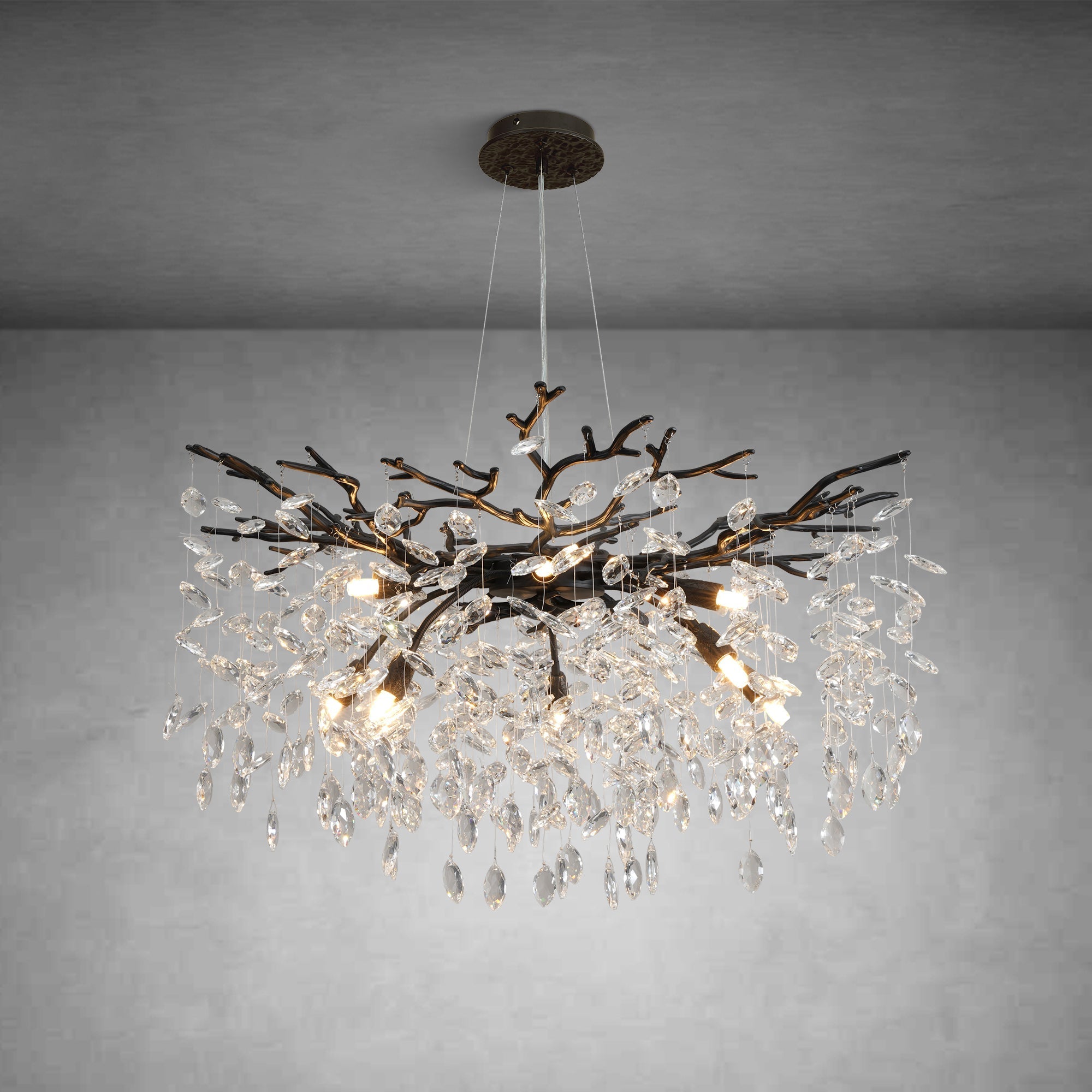 30" Black Crystal Chandelier, 10-Light Tree Branch Chandelier for Dining Room, Luxury Round K9 Crystal Raine Chandeliers Light Fixture for Living Room Foyer Entryway Bedroom Kitchen