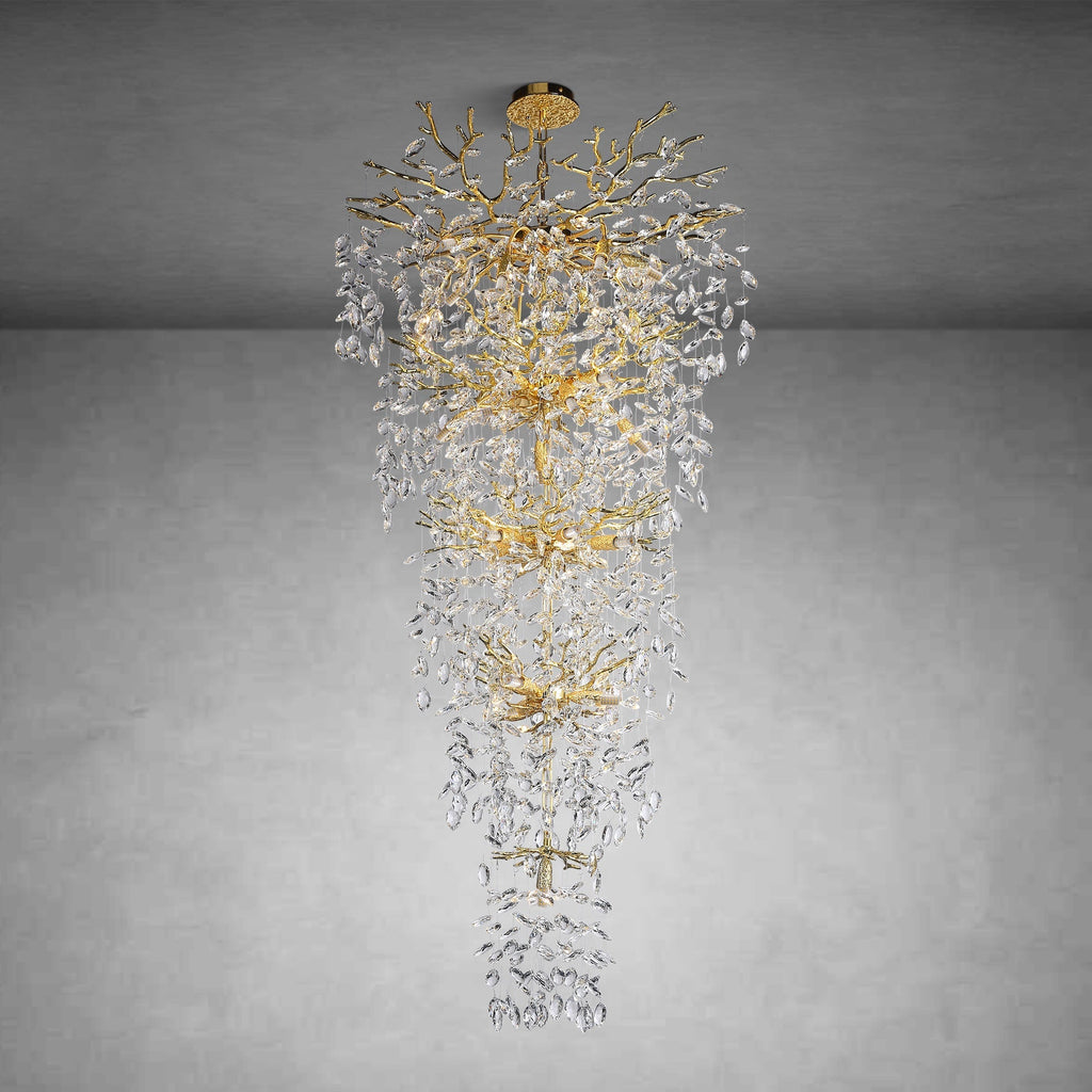 63'' Long Crystal Chandelier for High Ceiling, 28-Light Modern Gold Tree Branch Chandelier, Large Chandeliers for Foyer Entryway Staircase Living Room, 5-Tier Luxury K9 Crystal Raine Light Fixture