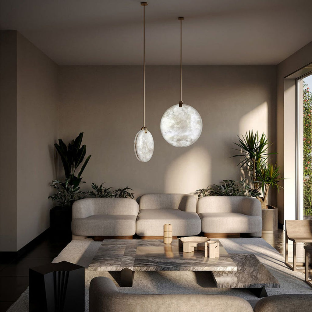 Riviko Alabaster Aura Disc Pendant - grand American foyer with two-story ceiling