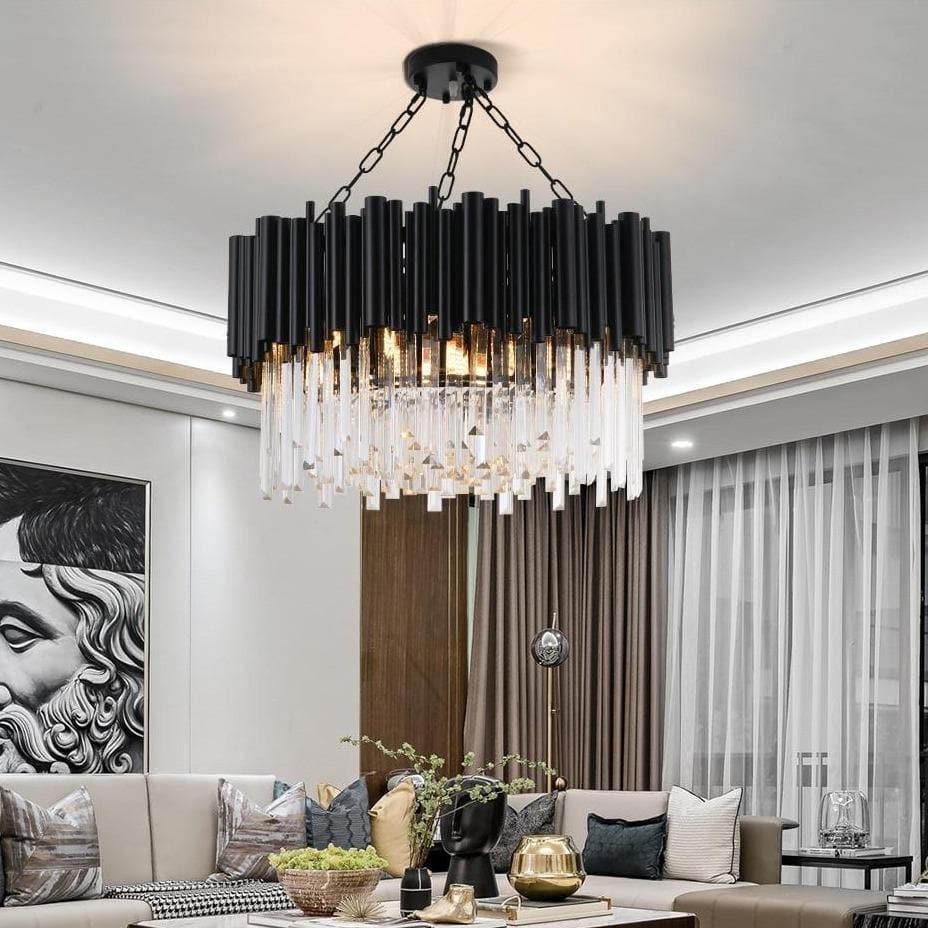 Riviko Midnight Radiance Round Crystal Chandelier - dramatic American stairwell with soaring ceiling