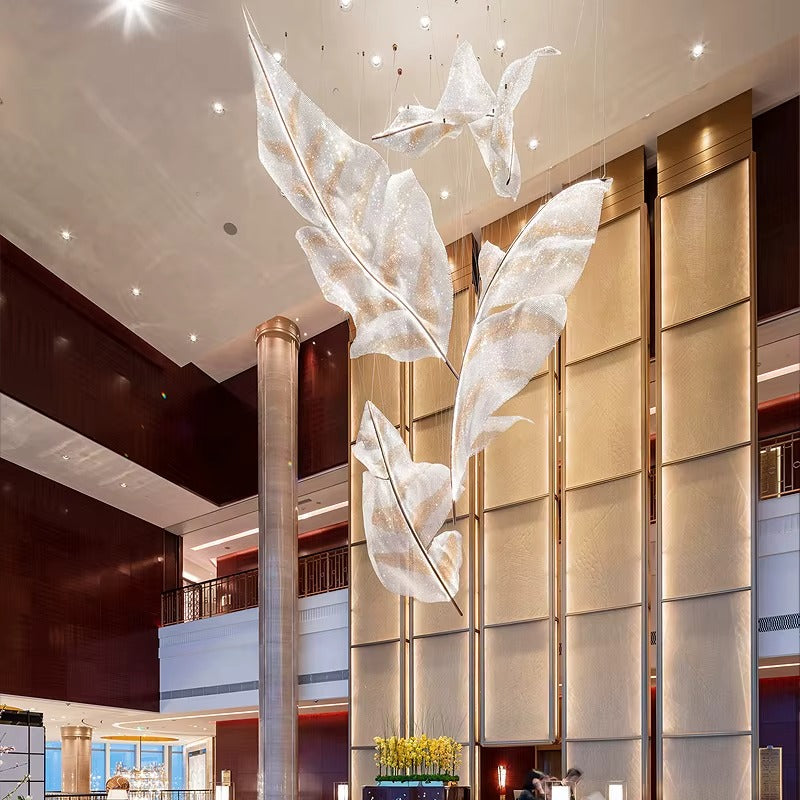 Modern Floating Crystal Leaves Chandelier for High Ceilings