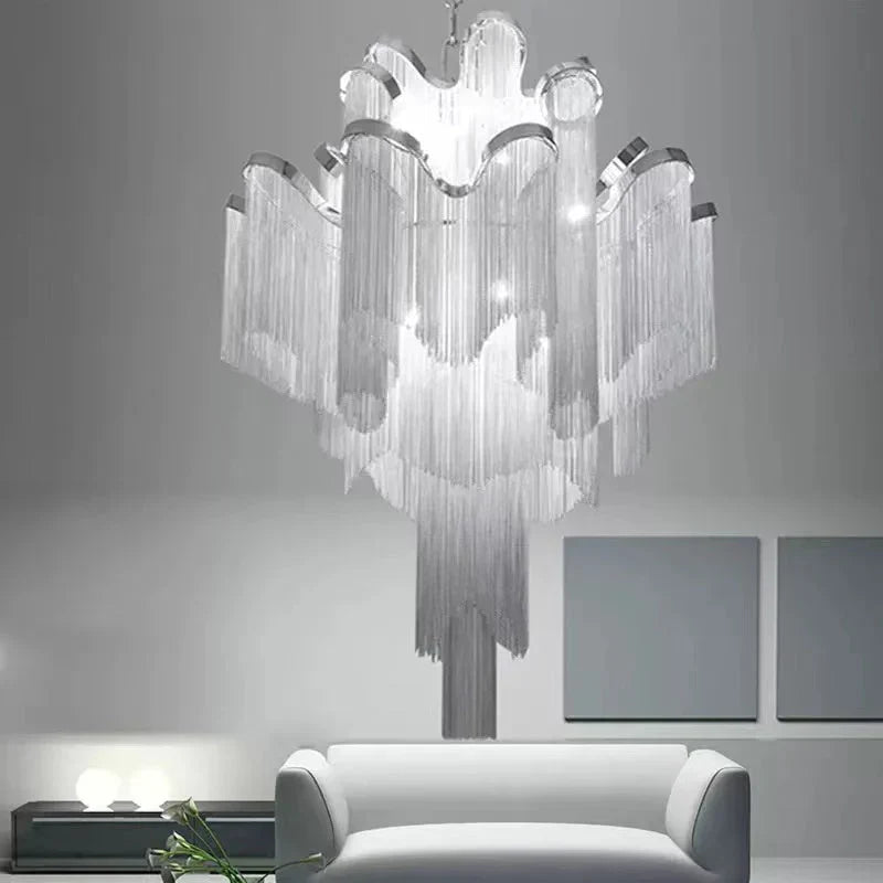 Riviko Grand Cascade Extra Large Stainless Steel Long Tassel Chandelier - Background Shot