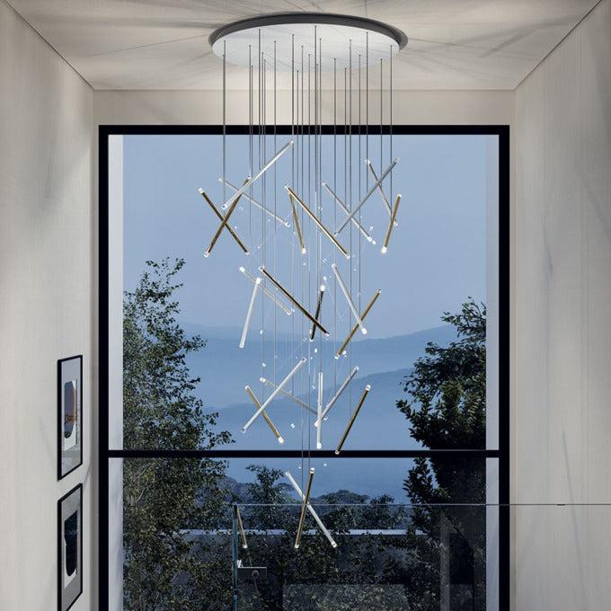 Riviko Linea Sculptural Rods Chandelier - American transitional great room with cathedral ceiling